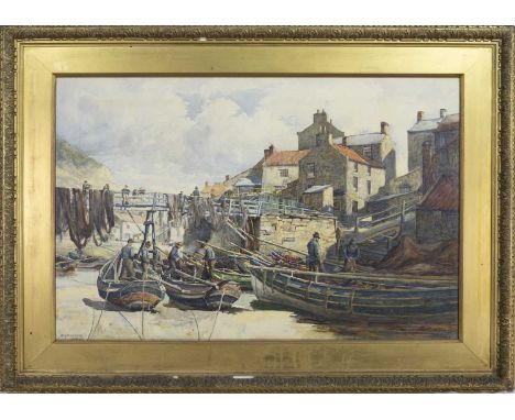 W H WILKINSON (BRITISH 1856 - 1934), PREPARING THE NETSwatercolour on paper, signedimage size 70cm x 100cm, overall size 98cm