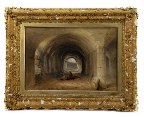 BRITISH SCHOOL,FIGURES IN A VAULTED PASSAGEwatercolour on paperimage size 37cm x 53cm, overall size 59cm x 76cm Framed and un