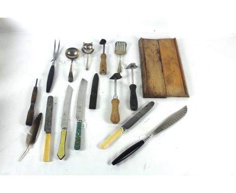 A sauce ladle, a carving fork by George Butler and various carving knives etc. 