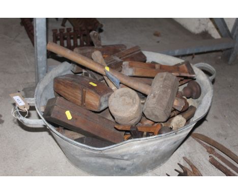 A galvanised bath and contents of various wood working tools