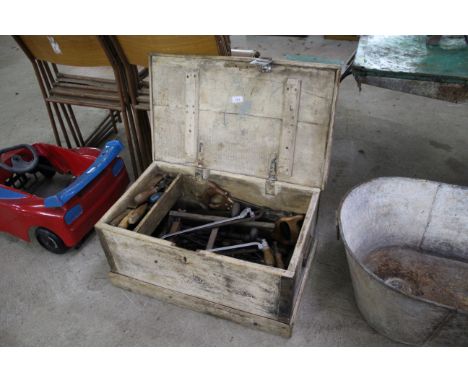 A large pine tool box and contents of wood working tools etc.
