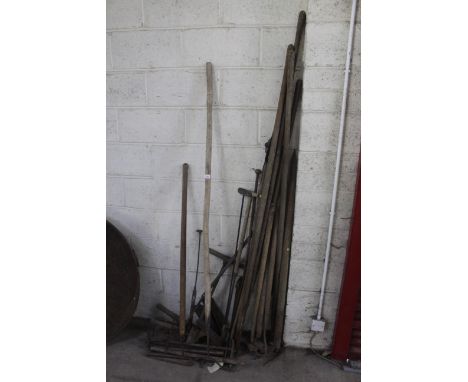 A large quantity of long handled tools including sheep dipping tools, drag fork, hoes etc.