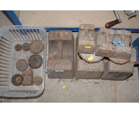 Three 56lb Avery weights, various 7lb weights and other scales weights 