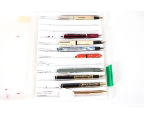 A box containing nine various pens including Osmaroid Roller Tip, Sea Gems Filigree cartridge pen etc.