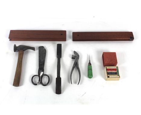 A box of tools to include two dowel troughs, a double ended rasp used by shoemakers etc. 