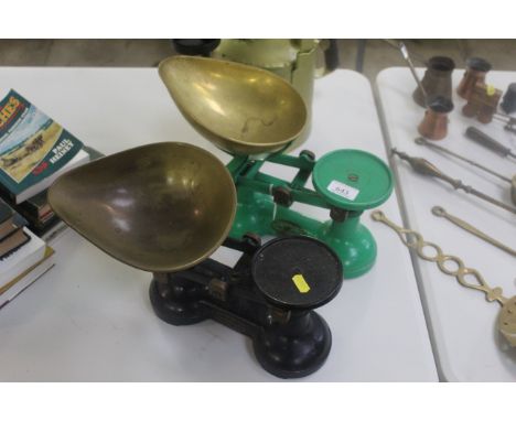 Two sets of shop scales with brass pans, one to Frederick Will & Co. of Birmingham, the other to F.J. Thornton & Co. Ltd. of 