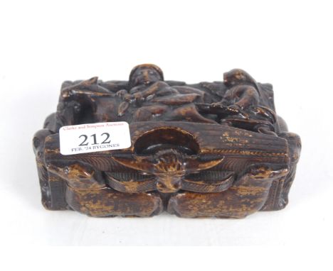 A mid-19th Century Scottish "Blind Man" carved snuff box featuring Tam O'shanter characters 