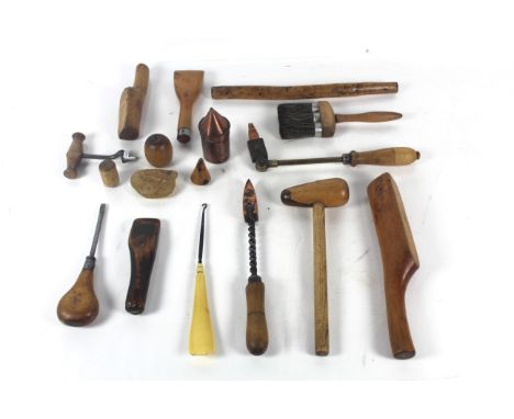 A box of plumbers tools including a soldering iron, rosin can, a triple headed brush etc. 