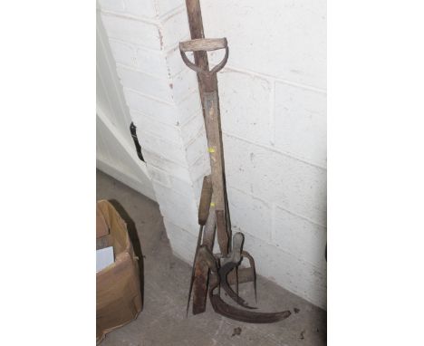 A long handled hoe, a four pronged fork, slashers etc.