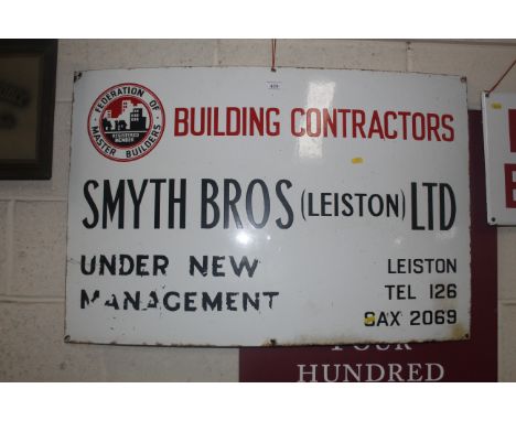 An enamel sign for "Smyth Bros. Leiston Ltd. Building Contractors", approx. 36" x 24"