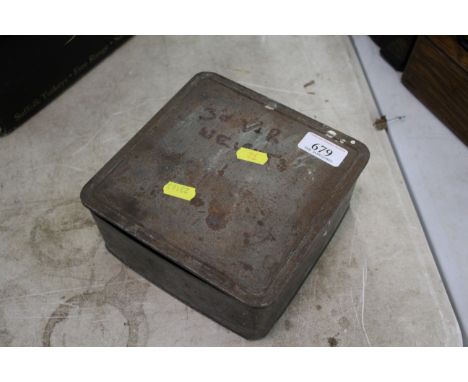 A metal box containing a large quantity of mainly Victorian small brass scale weights with a total weight of approximately 10