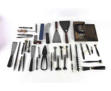 A box of tools to include some miniature files, scraper, a Micrometre  in wooden box, drill bits, various auger bits etc.