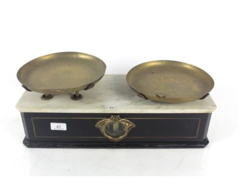 A small box base wooden and brass counter scale with marble top to base