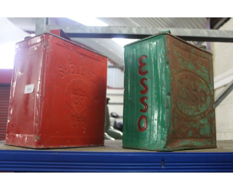 A Shell Mex BP Ltd. 2 gallon petrol can and an Esso 2 gallon petrol can (missing caps)