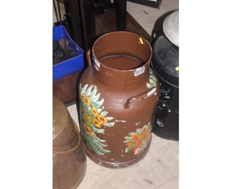 A decoupage decorated churn with no lid 
