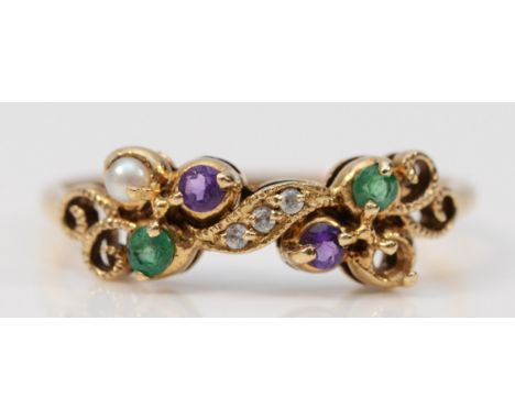 A 9ct gold diamond, amethyst, cultured pearl and green gemstone modern suffragette ring, one setting vacant, N 1/2, 1.4g 