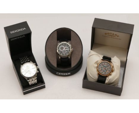 Rotary, a rose gilt metal quartz wristwatch, modelGS03710/10, Citizen, a quartz WR100 wristwatch and Sekonda,50 metres wristw