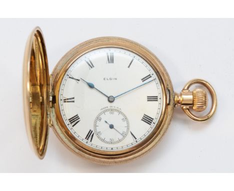 Elgin, a gold plated keyless wind full hunter pocket watch, 7 jewel movement, numbered 29,046,445, engine turned case, 50mm, 