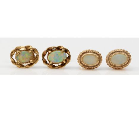 Two pairs of 9ct gold opal stud earring with scroll backs, 2.4g 