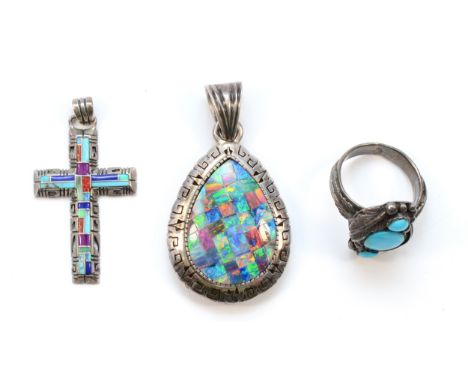 A Mexican 925 silver and opal triplet pendant, 50mm and two other 925 silver pendants, 28gm