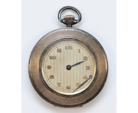 An Art Deco silver keyless wind open face pocket watch, Glasgow import 1929, 15 jewel movement, engine turned dial and case, 