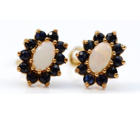 A pair of 0.375 gold opal and sapphire cluster earrings with scroll backs, 8mm, 1.3g 