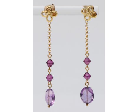A pair of 9ct gold faceted amethyst and paste drop earrings with scroll backs, 50mm total length, 2.3g 