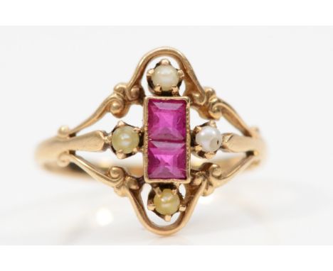 An unmarked gold synthetic ruby and seed pearl dress ring, M, 1.9g 