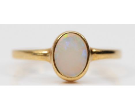 A 9ct gold bezel set opal dress ring, P, 1.9g 
