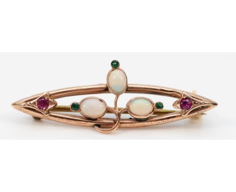 An Edwardian 9ct rose gold opal, red and green gemstone brooch, Chester, 38mm across, 1.8g 