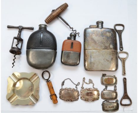 An EPNS two piece hip flask and other alcohol related items. 