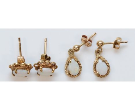 Two pairs of 9ct gold opal drop earrings with scroll backs, 1.8g 