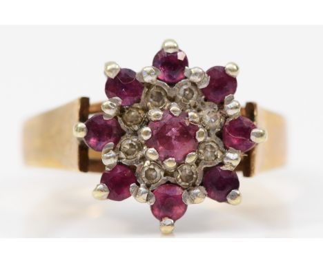A 9ct gold vintage ruby and diamond dress ring, claw set, Birmingham 1981, M, 3.8g 