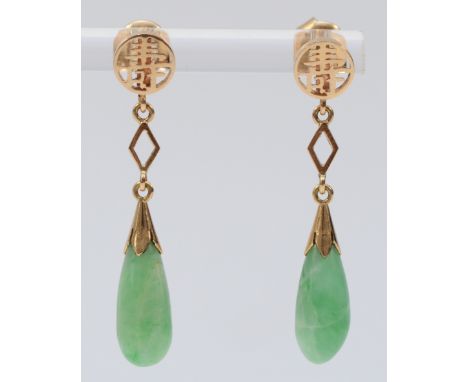A pair of 14k gold jade drop earrings with Chinese symbols, 33mm total drop, 3.9g 