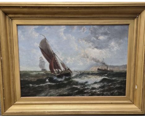 J R Miles (British 19th century), 'Fresh Breeze off the South Fore-land' sailing vessels beating away from the shore with pil
