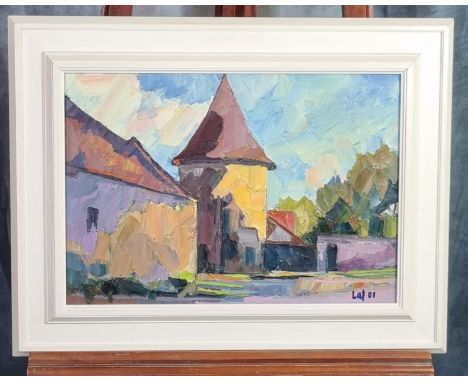 Gottfried Laf Wurm (German born 1946), brightly coloured architectural study, signed and dated '01. Impasto oils on canvas.  
