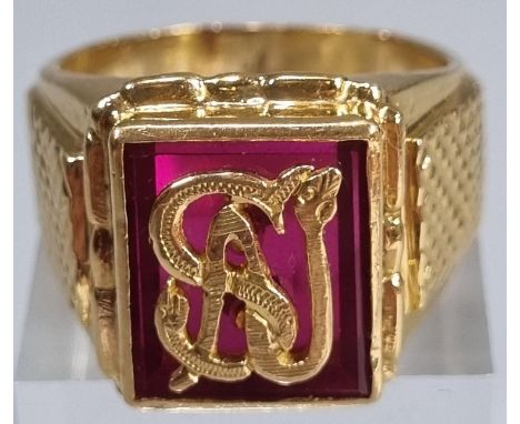 18ct gold gents signet ring with monogram and red stone (possibly ruby). 25.8g approx. Size U1/2. (B.P. 21% + VAT)