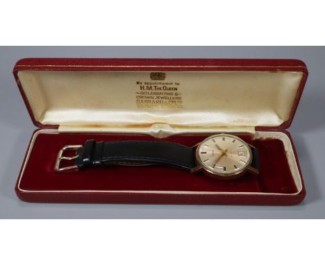 Garrard 9ct gold gentleman's automatic wristwatch with satin face having baton numerals, sweep seconds hand and date aperture