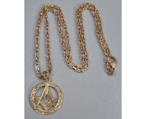 9ct gold necklace with 9ct gold pendant with Masonic compass pendant.  16.5g approx.  Chain 52cm long approx.   (B.P. 21% + V