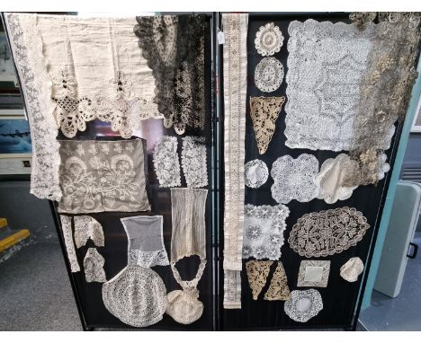 A collection of mostly hand made antique lace items to include: Maltese lace, crochet, cut work and embroidered, lace edged, 