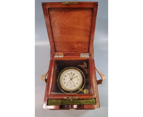 Russian marine ships chronometer desk clock No. 00688, with Fusee movement in mahogany case with brass mounts and leather str