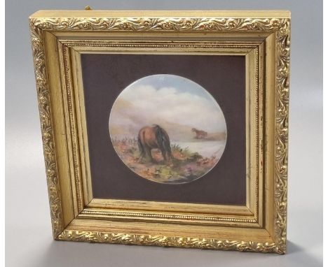 J Stanley (British 20th century), grazing Exmoor ponies, signed. 1928. Painted upon Royal Worcester circular plaque. 9.5cm di