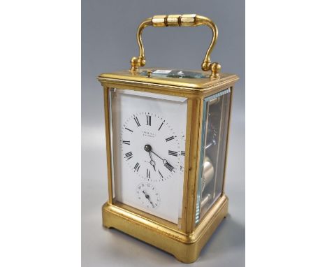 Early 20th century French two train brass repeating alarm carriage clock marked 'Dawson &amp; Son' to the full depth  Roman f