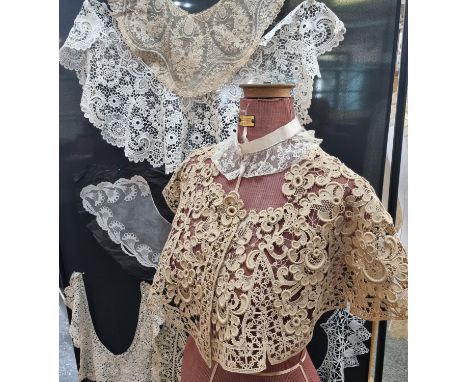 Collection of antique mostly hand made lace collars and cuffs 17th-20th Century to include: a glazed and framed collar with a