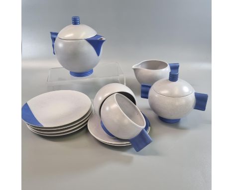 Carlton ware Art Deco 15 piece tea service on a a mottled grey and blue design ground with geometric handles comprising: four