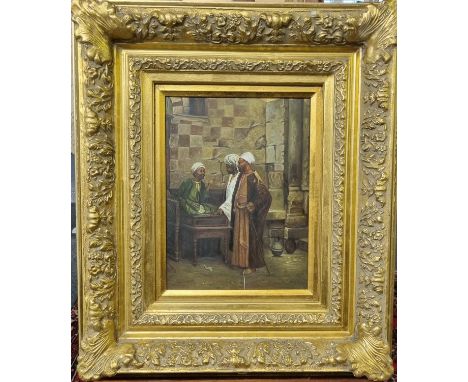 Modern School, Arab figures in conversation, oils on panel. Heavy gilt frame and slip. 44x33cm approx. (B.P. 21% + VAT) Good 