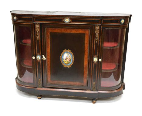 Victorian ebonised chiffonier, ebonised case with hardwood crossbanding and boxwood stringing, French ceramic cameos containe