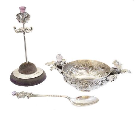 A selection of Scottish silver, to include a silver and amethyst dish by Hamilton &amp; Inches, a silver and amethyst teaspoo