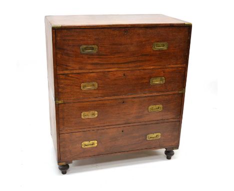 Late 19th-century hardwood military chest, constructed from two sections, brass band, top drawer containing secretaire, fall 