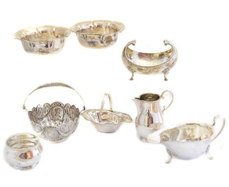 A selection of silver, to include a pair of silver dishes, a continental 930 silver dish, a sauceboat, milk jug, sugar pot, o